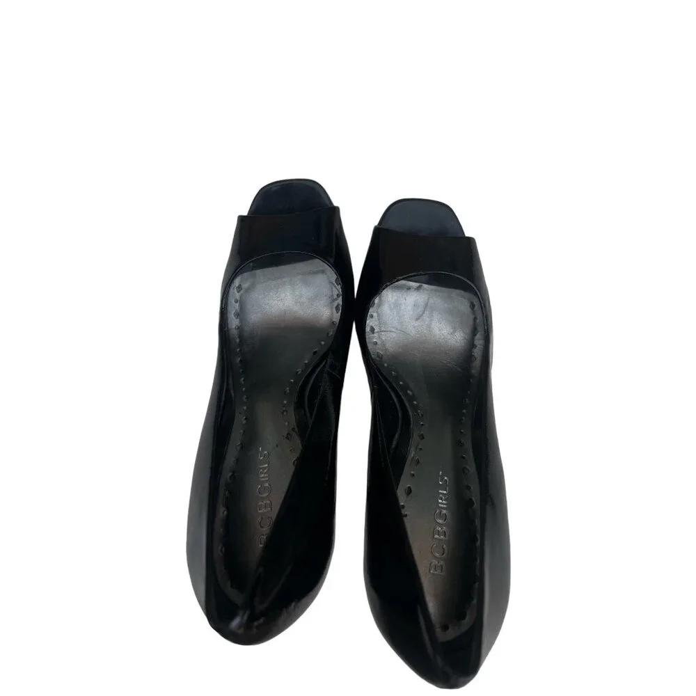 BCBGirls 8.5 M Heels Peep Toe Black Patent Leather Dressy 2